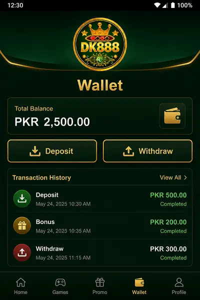 Dk888 wallet, deposit and withdraw preview on a mobile phone